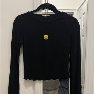 Black Long Sleeve Top with Smiley Patch